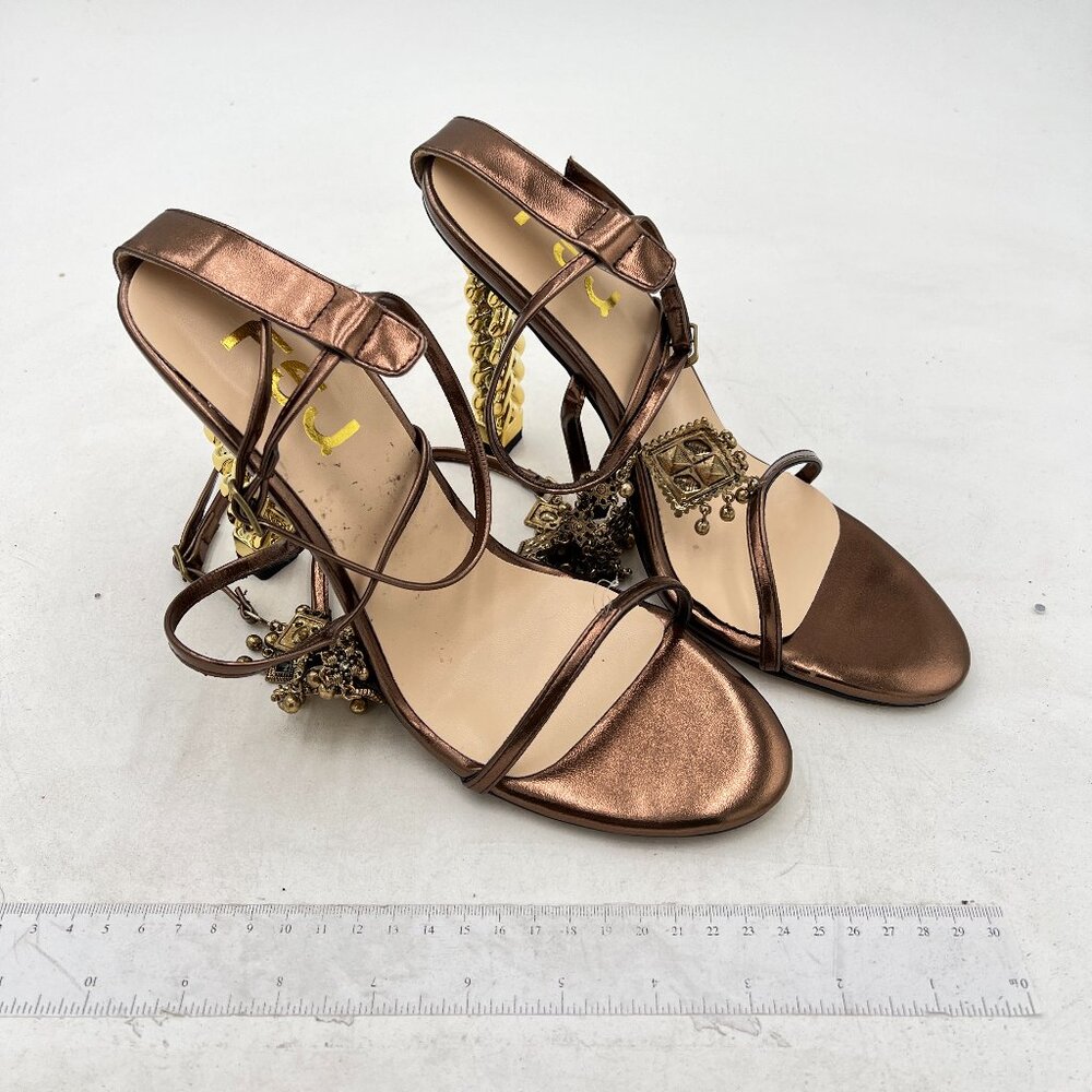 FSJ Brown Bell Gold Metal Chain Thick High Heel Open Toe Strappy Sandals - Picture 4 of 8